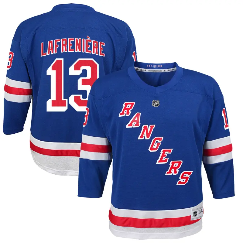 youth alexis lafreniere blue new york rangers home replica player jersey
