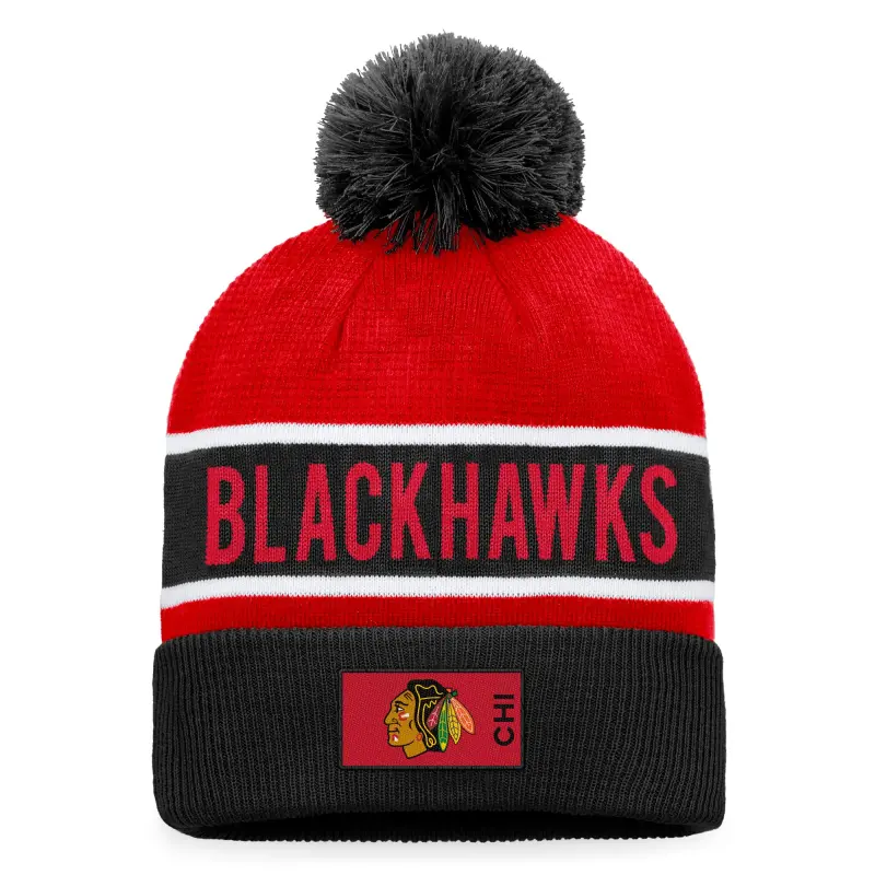 men8217s fanatics blackred chicago blackhawks authentic pro rink cuffed knit hat with pom